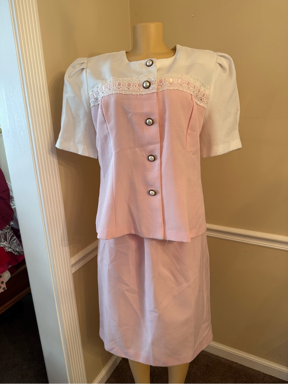 T&J Designs Pink and White Two-Piece Skirt Set with Lace Trim